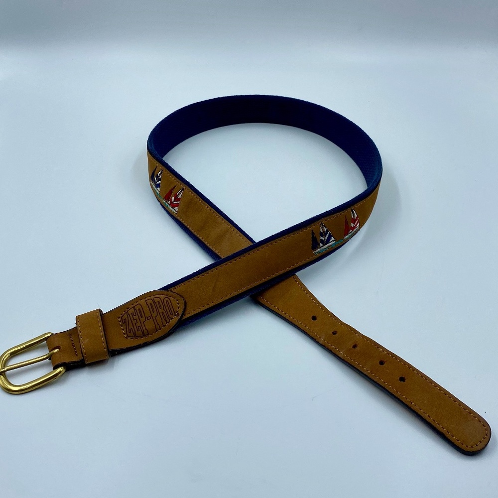 Men's Tan Leather Belt with Embroidered Sailboats